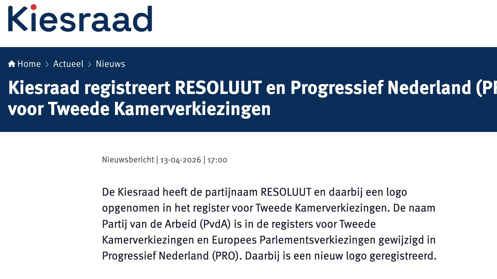 RESOLUUT officieel geregistreerd bij de Kiesraad